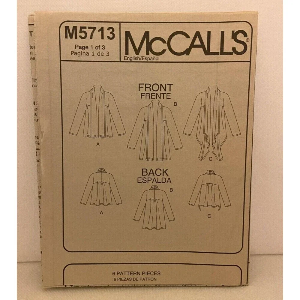 #M5713 McCalls Misses Cardigans Sewing Pattern Size XS-M